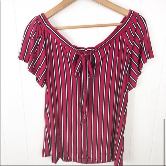 Loft Red, black & white stripe off Shoulder Top - Picture 7 of 8